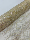 Beaded Line Fabric - Ivory - Luxury Bridal Line Pattern Fabric With Beads, Sequins Sold By Yard