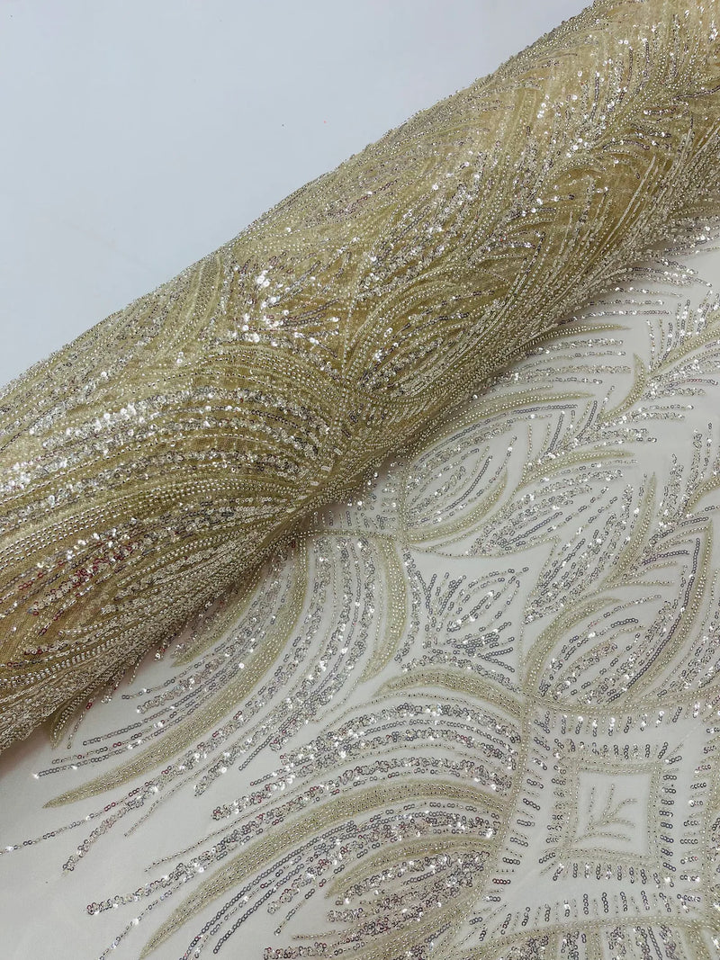 Beaded Line Fabric - Ivory - Luxury Bridal Line Pattern Fabric With Beads, Sequins Sold By Yard