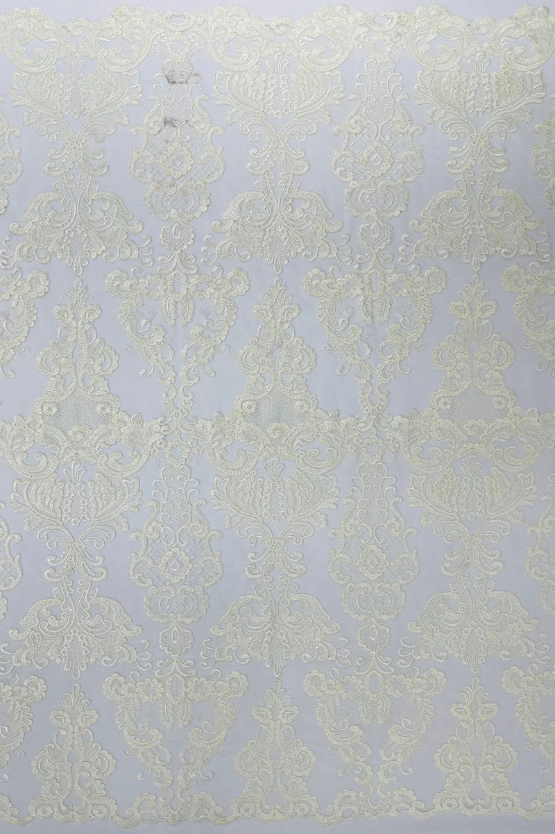 King Lace Design Fabric - Ivory - King Design with Sequins Embroidered On Mesh By Yard