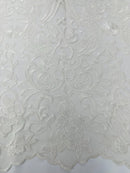 Damask Fancy Design - Ivory - Embroidered Mesh Damask Design Lace Fabric Sold by Yard