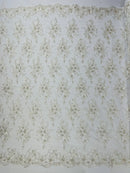 Beaded Sequins Floral Fabric - Ivory - Embroidered Beaded Floral Clusters Sequins Fabric By Yard