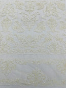 My Lady Beaded Fabric - Ivory - Damask Beaded Sequins Embroidered Fabric By Yard