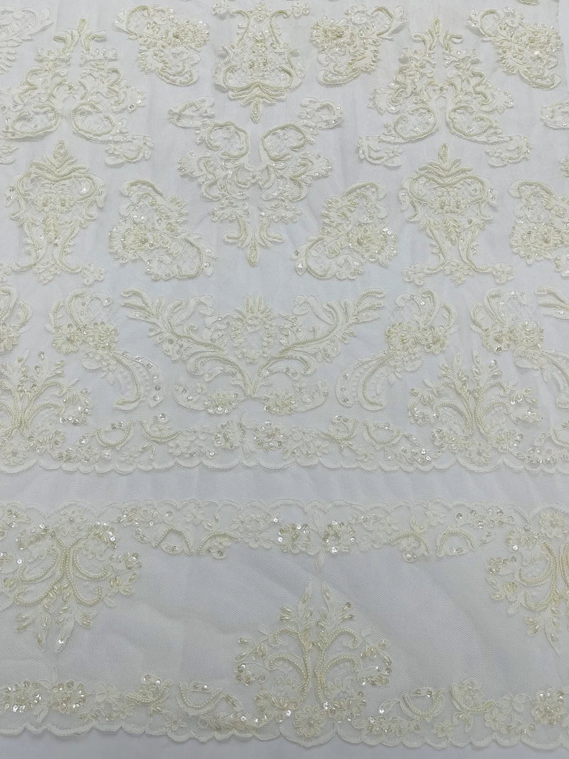 My Lady Beaded Fabric - Ivory - Damask Beaded Sequins Embroidered Fabric By Yard