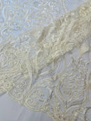 Leaf Damask Bead Fabric - Ivory - Embroidered Sequins Heavy Beaded Lace Fabric by Yard