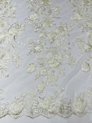 Rose Plant Design Sequins Fabric - Ivory - Embroidered Sequins Rose Pattern on Lace By Yard