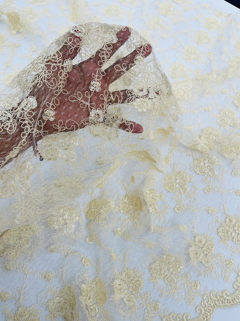 Jasmine Flower Fabric - Ivory - Embroidered Floral Design Lace Mesh Bridal Fabric By Yard