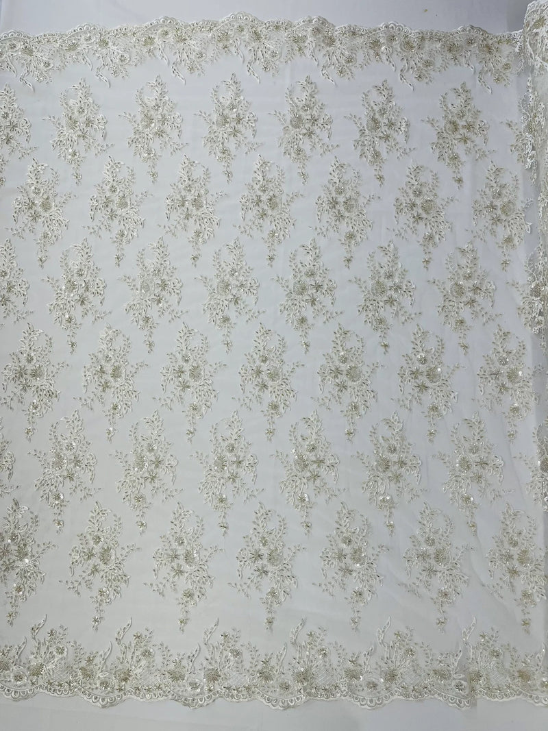 Beaded Sequins Floral Fabric - Ivory - Embroidered Beaded Floral Clusters Sequins Fabric By Yard