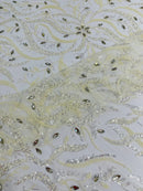 Floral & Leaf Pattern Bead Fabric - Ivory - Embroidered Beaded Rhinestone on a Mesh, Sold By Yard