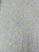Beaded Butterfly Pattern Fabric - Ivory - Damask Fancy Bead Sequins Fabric Sold by Yard