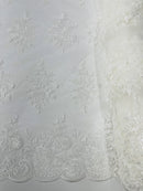 Flower Lace Sequins Fabric - Ivory - Embroidered Floral Pattern Fabric with Sequins on Lace By Yard