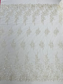 Rose Beaded Sequin Fabric - Ivory - Embroidered Floral Pattern with Beads and Sequins By Yard