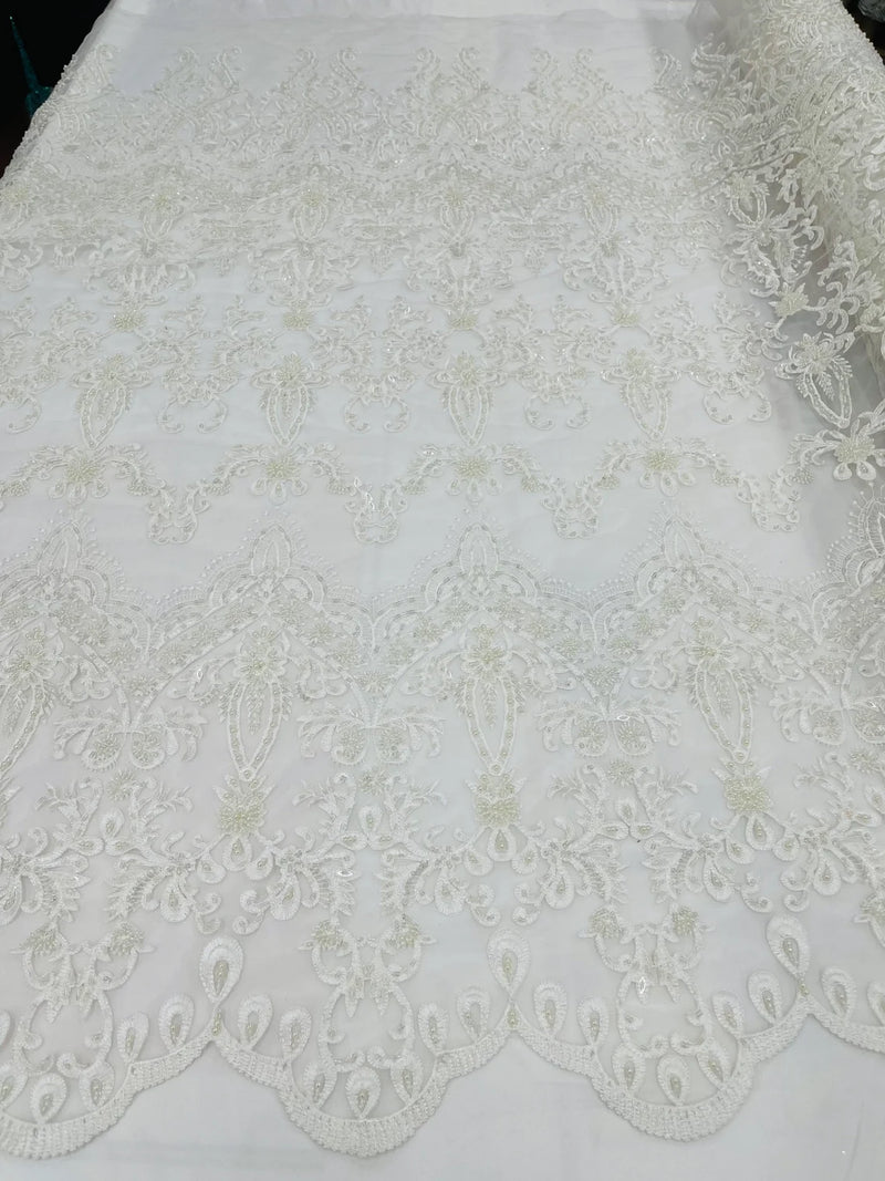 Damask Beaded Glam Fabric - Ivory - Embroidery Beaded Fabric with Round Beads Sold By The Yard