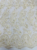 3D Floral Leaf Line Panels - Ivory - 3D Embroidered Flower Lines with Pearls on Lace By Yard