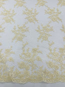 Floral Cluster Corded Fabric - Ivory - Fancy Flower Embroidery Lace Mesh Fabric By Yard