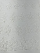 Flower Lace Sequins Fabric - Ivory - Embroidered Floral Pattern Fabric with Sequins on Lace By Yard