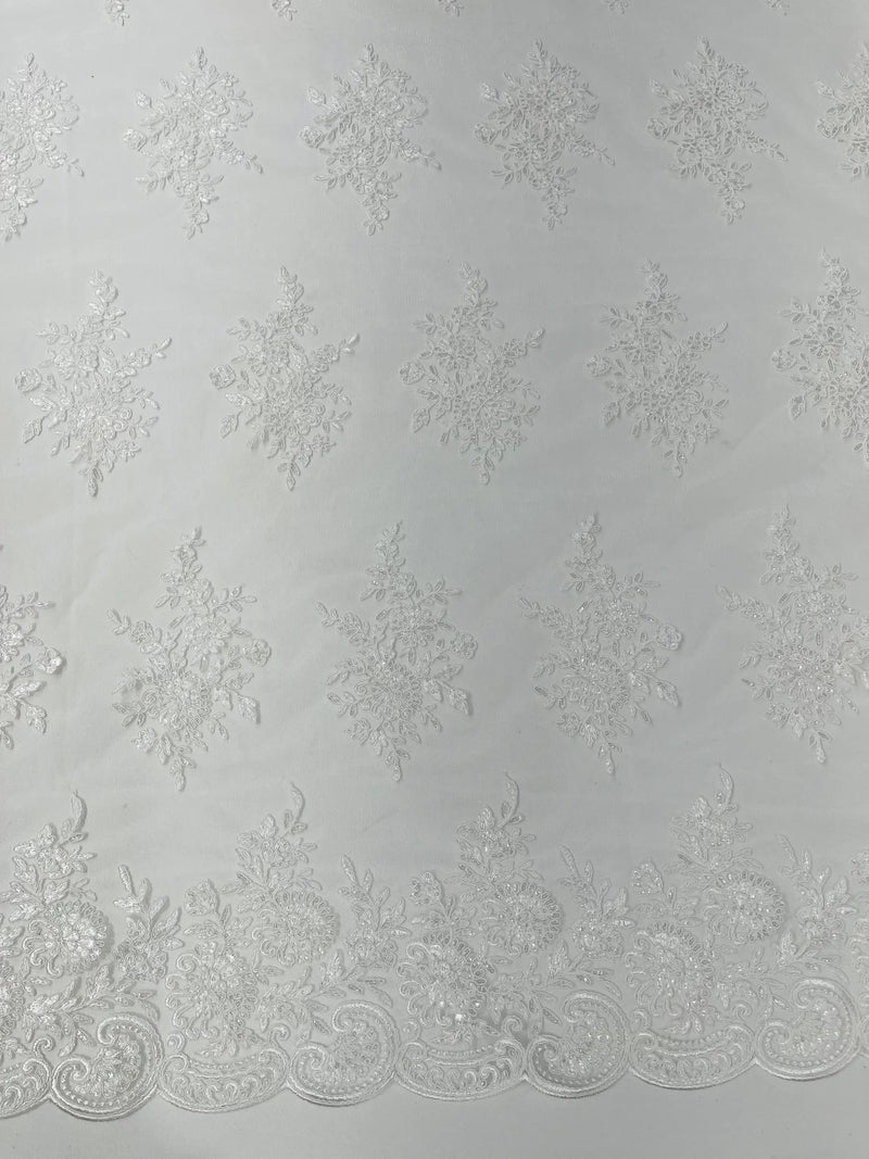 Flower Lace Sequins Fabric - Ivory - Embroidered Floral Pattern Fabric with Sequins on Lace By Yard