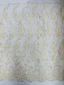 3D Floral Leaf Line Panels - Ivory - 3D Embroidered Flower Lines with Pearls on Lace By Yard