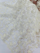 Corded Lace Flower Fabric - Ivory - Floral Design Embroidered Sequins on Mesh Lace Fabric