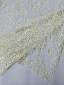 Beaded Butterfly Pattern Fabric - Ivory - Damask Fancy Bead Sequins Fabric Sold by Yard