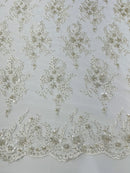 Beaded Sequins Floral Fabric - Ivory - Embroidered Beaded Floral Clusters Sequins Fabric By Yard