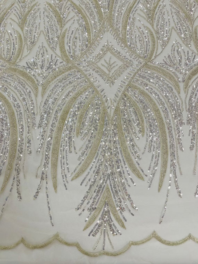 Beaded Line Fabric - Ivory - Luxury Bridal Line Pattern Fabric With Beads, Sequins Sold By Yard