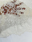 Damask Fancy Design - Ivory - Embroidered Mesh Damask Design Lace Fabric Sold by Yard