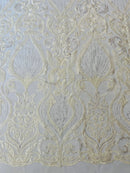 Leaf Damask Bead Fabric - Ivory - Embroidered Sequins Heavy Beaded Lace Fabric by Yard