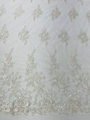 Rose Beaded Sequin Fabric - Ivory - Embroidered Floral Pattern with Beads and Sequins By Yard