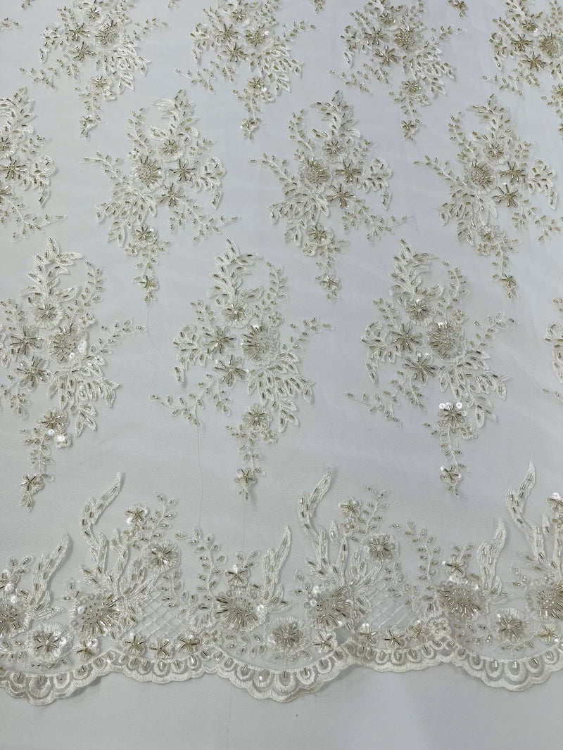 Beaded Sequins Floral Fabric - Ivory - Embroidered Beaded Floral Clusters Sequins Fabric By Yard