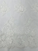 Flower 3D Corded Fabric - Ivory - Lace Mesh Fabric Embroidered Floral Design by Yard