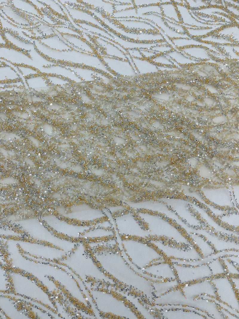 Beaded Wavy Fabric Design - Ivory - Bead and Sequins Wavy Lace Fabric By Yard