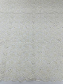 Pearls and Sequins Floral Fabric - Ivory - Embroidered Beaded Sequins Fabric Lace By Yard