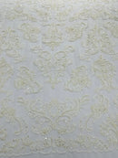 My Lady Beaded Fabric - Ivory - Damask Beaded Sequins Embroidered Fabric By Yard