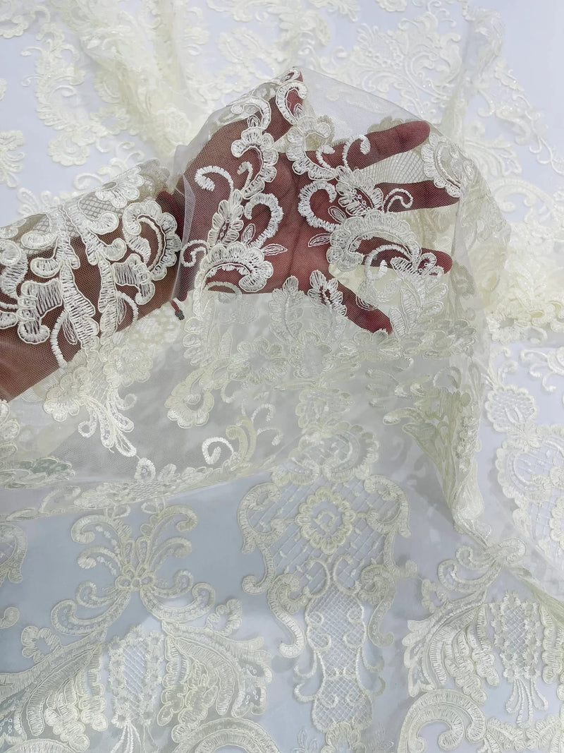 King Lace Design Fabric - Ivory - King Design with Sequins Embroidered On Mesh By Yard