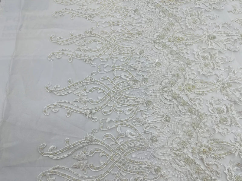 Damask Beaded Glam Fabric - Ivory - Embroidery Beaded Fabric with Round Beads Sold By The Yard