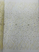 Floral & Leaf Pattern Bead Fabric - Ivory - Embroidered Beaded Rhinestone on a Mesh, Sold By Yard