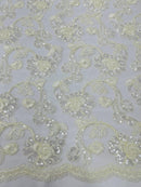 Corded Lace Flower Fabric - Ivory - Floral Design Embroidered Sequins on Mesh Lace Fabric