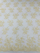 Floral Cluster Corded Fabric - Ivory - Fancy Flower Embroidery Lace Mesh Fabric By Yard
