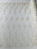 Rose Beaded Sequin Fabric - Ivory - Embroidered Floral Pattern with Beads and Sequins By Yard