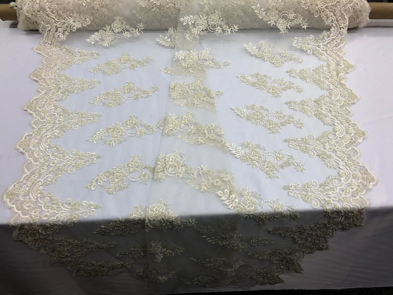 Floral Cluster Beaded Fabric - Ivory - Embroidered Flower Beaded Fabric Sold By Yard