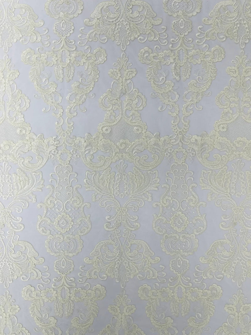 King Lace Design Fabric - Ivory - King Design with Sequins Embroidered On Mesh By Yard