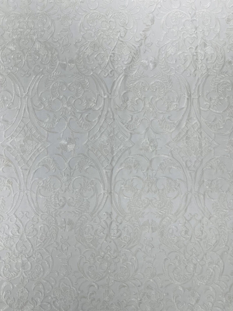 Damask Fancy Design - Ivory - Embroidered Mesh Damask Design Lace Fabric Sold by Yard