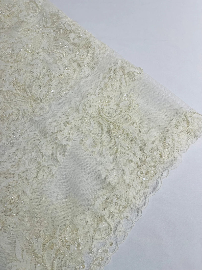 My Lady Beaded Fabric - Ivory - Damask Beaded Sequins Embroidered Fabric By Yard