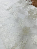Flower 3D Corded Fabric - Ivory - Lace Mesh Fabric Embroidered Floral Design by Yard