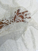 Damask Fancy Design - Ivory - Embroidered Mesh Damask Design Lace Fabric Sold by Yard