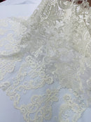 King Lace Design Fabric - Ivory - King Design with Sequins Embroidered On Mesh By Yard