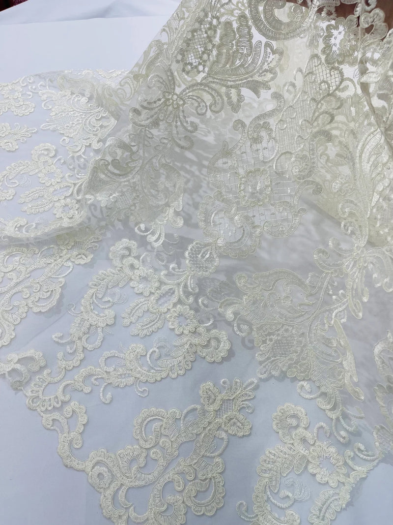 King Lace Design Fabric - Ivory - King Design with Sequins Embroidered On Mesh By Yard