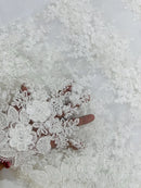 Flower 3D Corded Fabric - Ivory - Lace Mesh Fabric Embroidered Floral Design by Yard