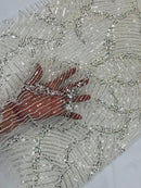 Ivory Beaded Fabric by yard, Bridal beaded, Damask Pattern Beads and Sequins