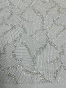 Ivory Beaded Fabric by yard, Bridal beaded, Damask Pattern Beads and Sequins